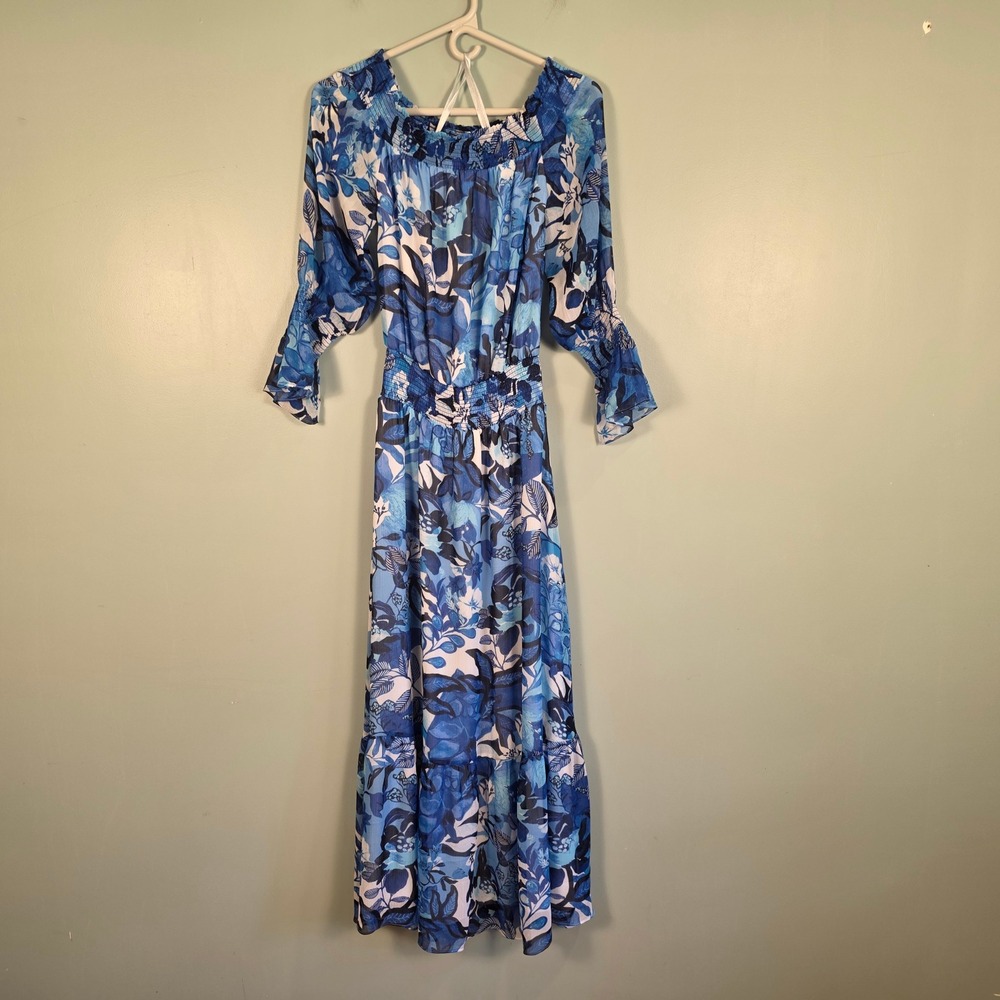 Chicos Blue Floral Off Shoulder Maxi Dress Smocked Waist 000 XS 570364999